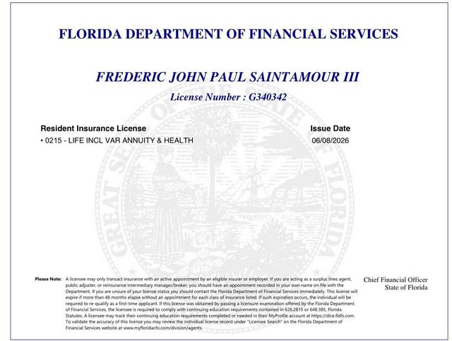 Florida insurance producer license record for Frederic John Paul SaintAmour III, street address removed