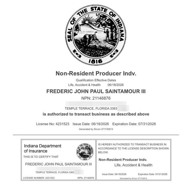 Indiana insurance producer license record for Frederic John Paul SaintAmour III, street address removed
