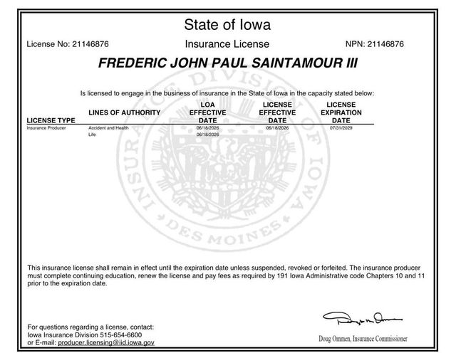 Iowa insurance producer license record for Frederic John Paul SaintAmour III, street address removed