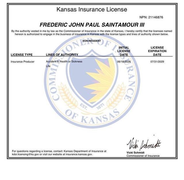 Kansas insurance producer license record for Frederic John Paul SaintAmour III, street address removed