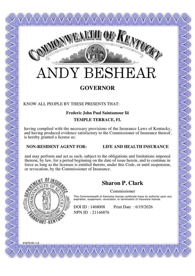 Kentucky insurance producer license record for Frederic John Paul SaintAmour III, street address removed