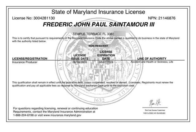 Maryland insurance producer license record for Frederic John Paul SaintAmour III, street address removed