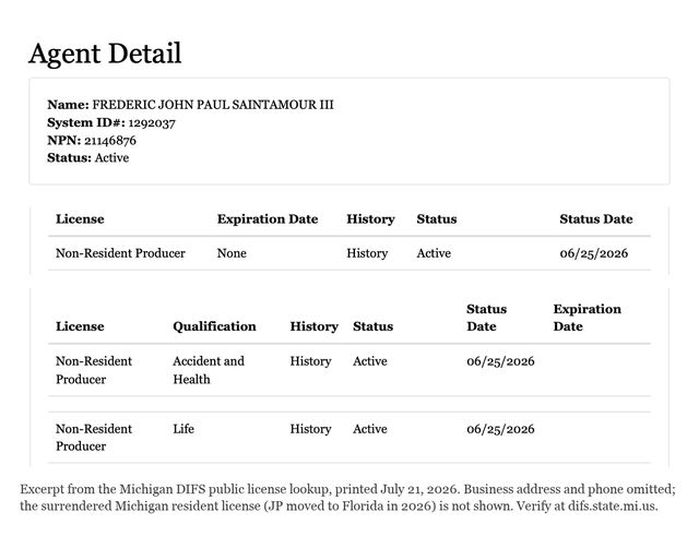 Michigan insurance producer license record for Frederic John Paul SaintAmour III, street address removed