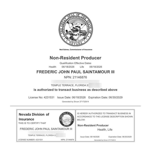 Nevada insurance producer license record for Frederic John Paul SaintAmour III, street address removed