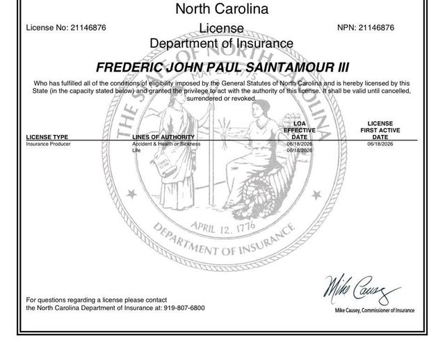 North Carolina insurance producer license record for Frederic John Paul SaintAmour III, street address removed