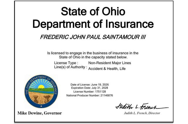 Ohio insurance producer license record for Frederic John Paul SaintAmour III, street address removed