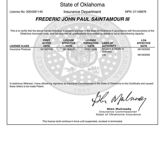 Oklahoma insurance producer license record for Frederic John Paul SaintAmour III, street address removed