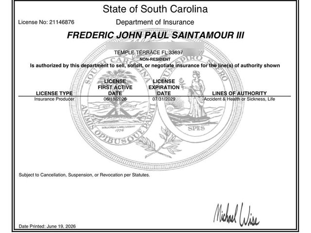 South Carolina insurance producer license record for Frederic John Paul SaintAmour III, street address removed