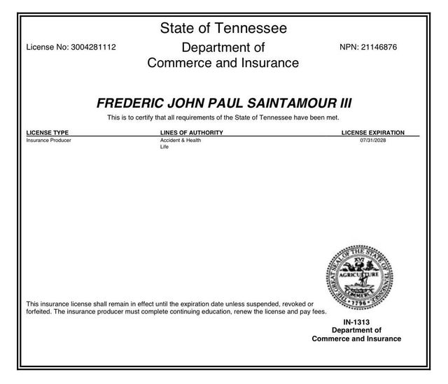 Tennessee insurance producer license record for Frederic John Paul SaintAmour III, street address removed