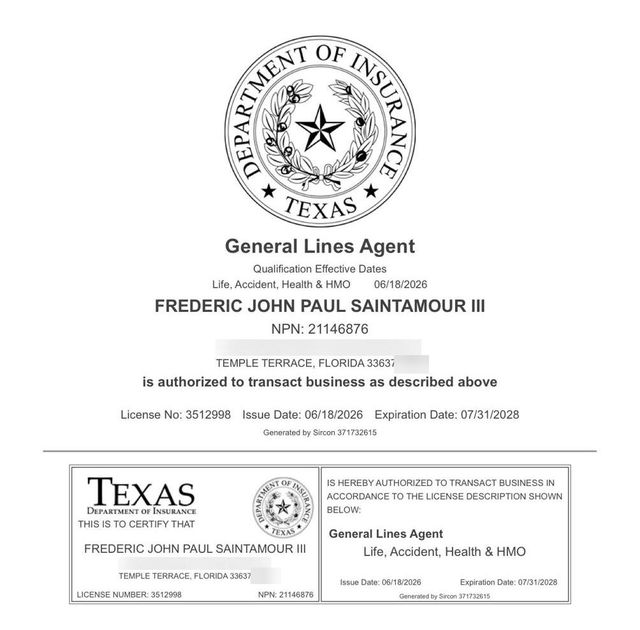 Texas insurance producer license record for Frederic John Paul SaintAmour III, street address removed