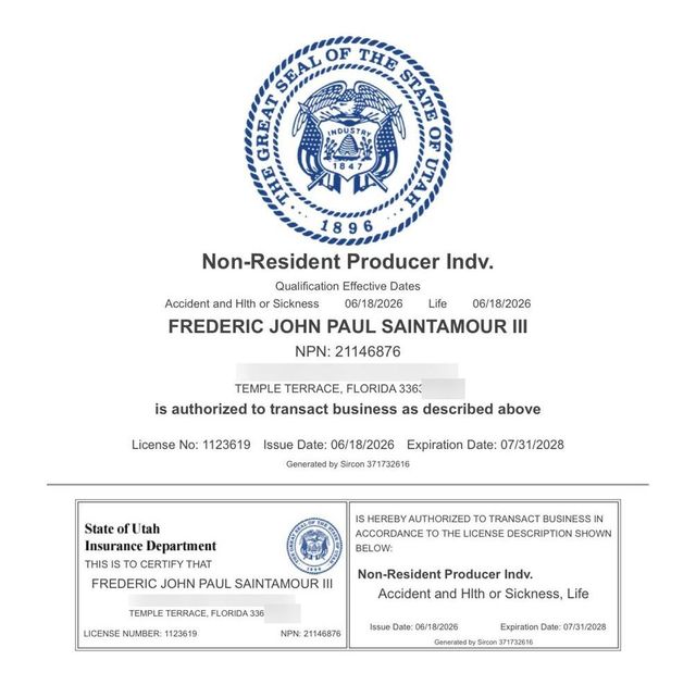 Utah insurance producer license record for Frederic John Paul SaintAmour III, street address removed