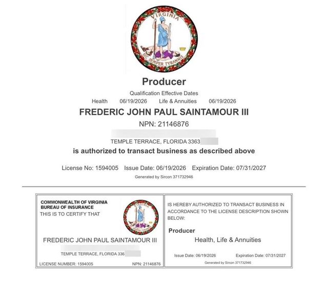 Virginia insurance producer license record for Frederic John Paul SaintAmour III, street address removed